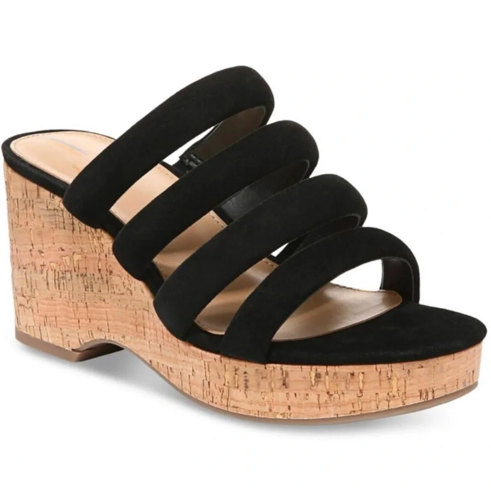 Sam Edelman Yuki platform wedge black suede 4 strap sandals.